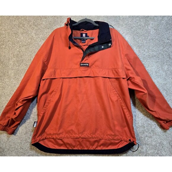 Ralph Lauren Chaps Windbreaker Jacket Pullover Hooded Pockets Orange Men's L - Picture 1 of 14